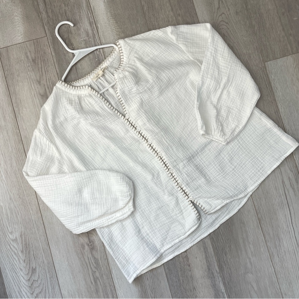 Cotton Gauze Blouse embroidered button front womens White (small) contemporary